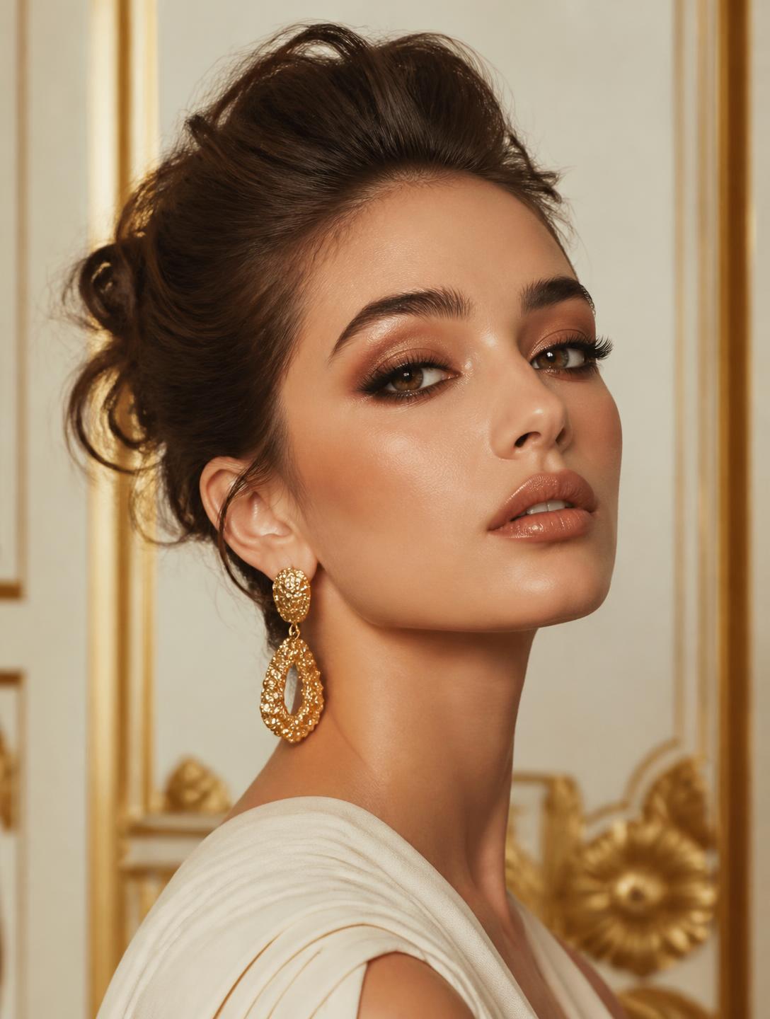 Editorial portrait showcasing professional makeup and structured hair styling